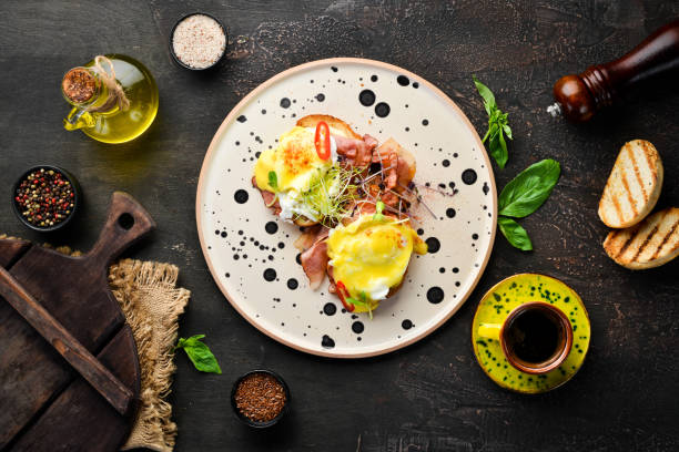 istock Sandwich with bacon, egg and chili pepper. Breakfast. In the plate. Top view. Flat lay composition Free copy space. 1137960949