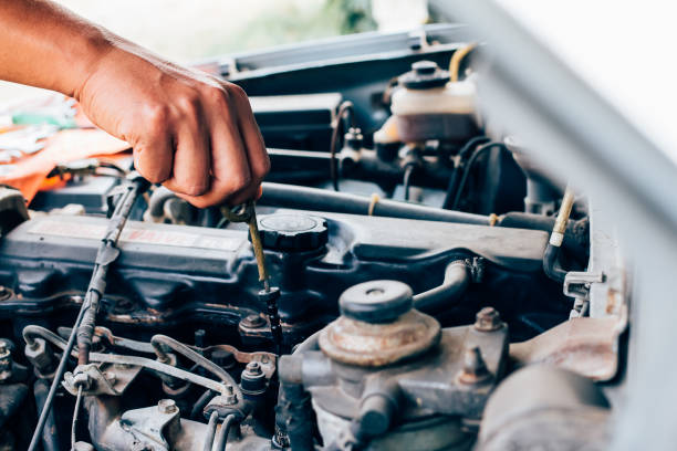 istock Hand mechanic repairing car  checking level oil 1137961678