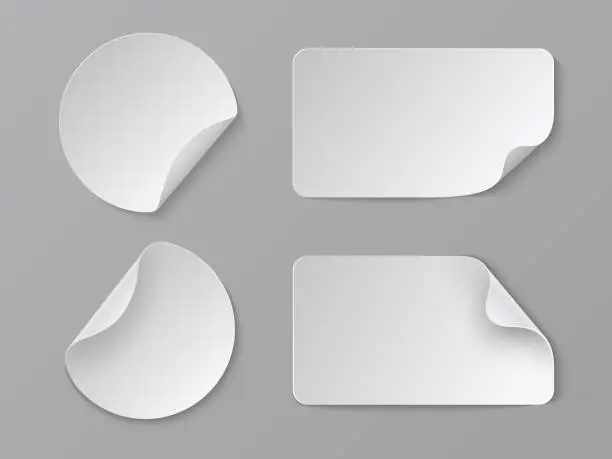 Vector illustration of Realistic paper stickers. White adhesive round and rectangular price tags, blank fold corner paper mockup. Vector cardboard labels