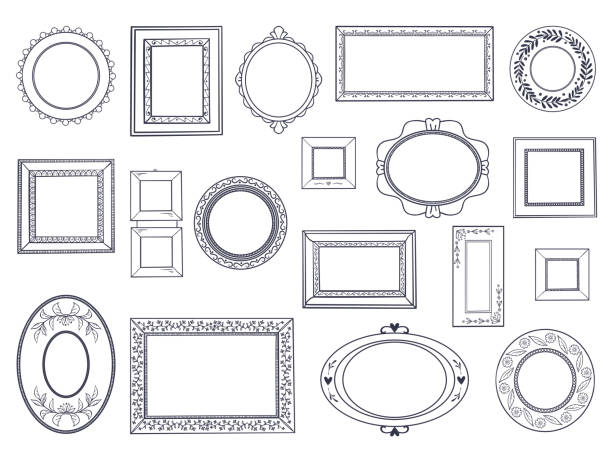 ilustraciones, imágenes clip art, dibujos animados e iconos de stock de marcos de doodle. bordes cuadrados dibujar a mano, línea de círculo de lápiz, marcos curvados redondos, dibujos de pluma de los niños. vector subrayado doodle - scalloped