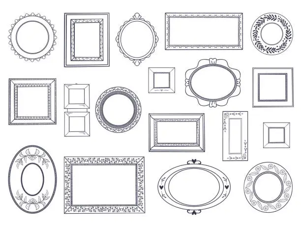 Vector illustration of Doodle frames. Square hand draw borders, pencil circle line, round curved frames, kids pen drawings. Vector underline doodle