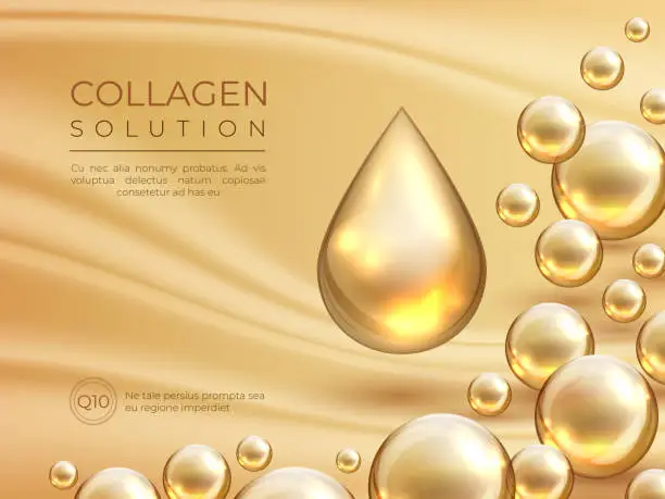 Vector illustration of 1902.m30.i030.n019.S.c12.443079859 Collagen background. Golden oil bubble, cosmetic skin care essence, beauty serum face mask. Vector golden collagen pearls and bubbles_f