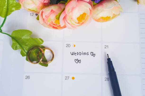 istock Word Wedding to Reminder Wedding day with Wedding ring on calendar planning and office tool. 1137963368