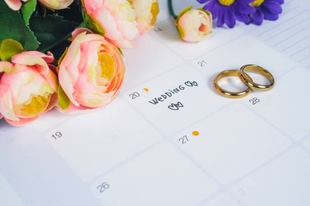 istock Word Wedding to Reminder Wedding day with Wedding ring on calendar planning and office tool. 1137963381