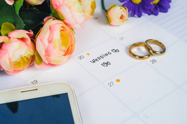istock Word Wedding to Reminder Wedding day with Wedding ring on calendar planning and office tool. 1137963386