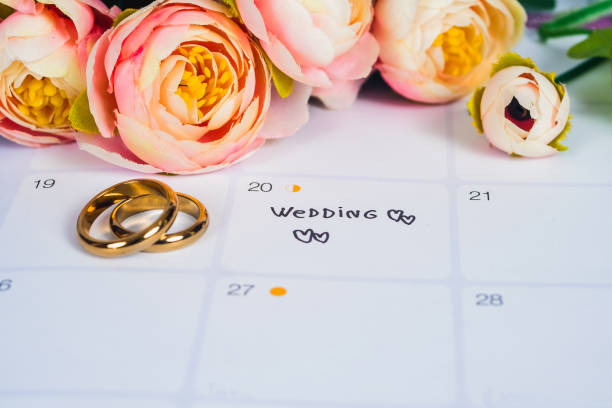 istock Word Wedding to Reminder Wedding day with Wedding ring on calendar planning and office tool. 1137963401