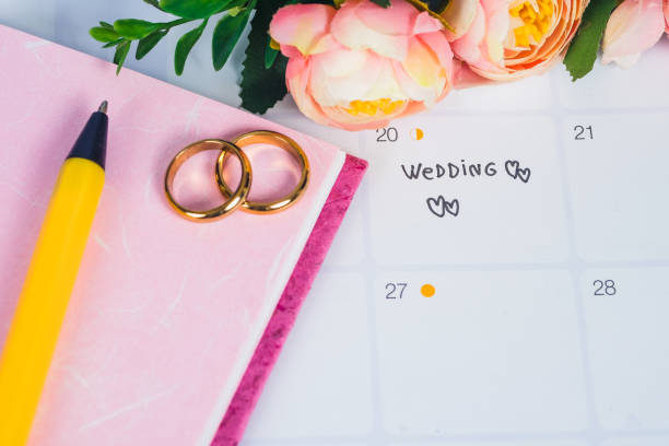 istock Word Wedding to Reminder Wedding day with Wedding ring on calendar planning and office tool. 1137963403