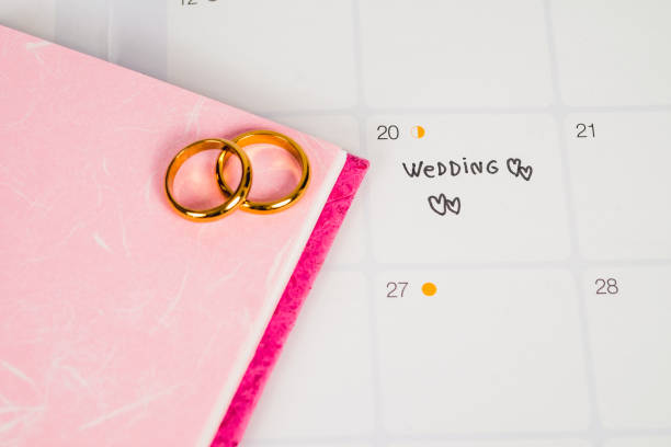 istock Word Wedding to Reminder Wedding day with Wedding ring on calendar planning and office tool. 1137963408