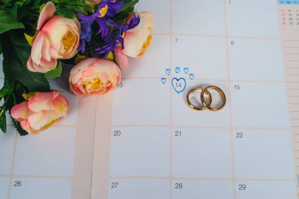 istock Word Wedding to Reminder Wedding day with Wedding ring on calendar planning and office tool. 1137963421