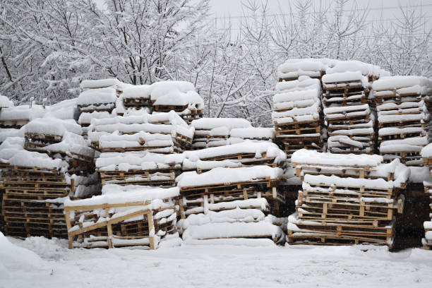Snowfall, heavy snowfalls, construction pallets under the snow