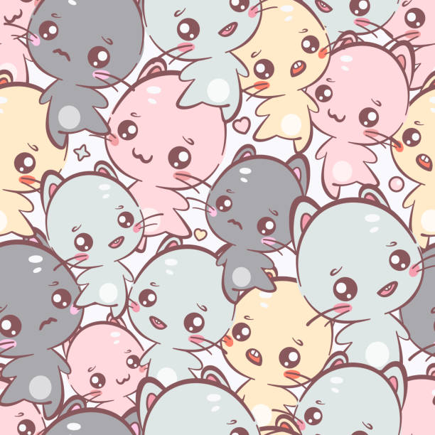 ilustrações de stock, clip art, desenhos animados e ícones de cute kawaii kittens seamless pattern. vector background. it can be used as wallpaper, desktop, card, apparel design, printing, wrapping, fabric or background for your blog, covers and your design. - comic book animal pets kitten