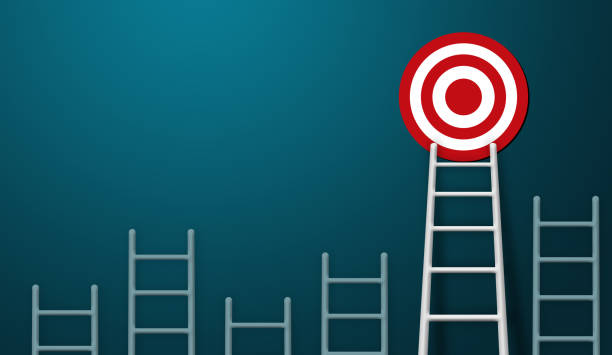 istock Stand out from the crowd and think different creative idea concepts. Longest white ladder and aiming high to goal target 1137969089
