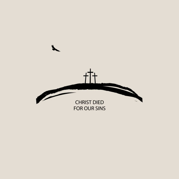 banner with three crosses on the hill and eagle Vector banner or icon on Christian theme with three crosses on the hill, flying eagle and words Christ died for our sins on beige background. good friday stock illustrations