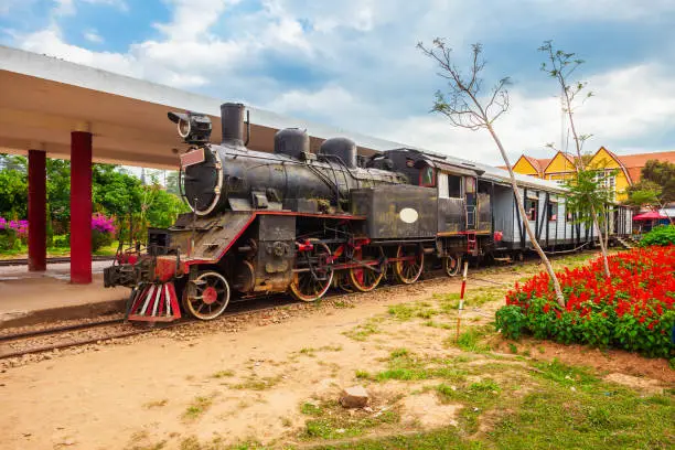 Steam locomotive at the Dalat railway station in Da Lat city in Vietnam