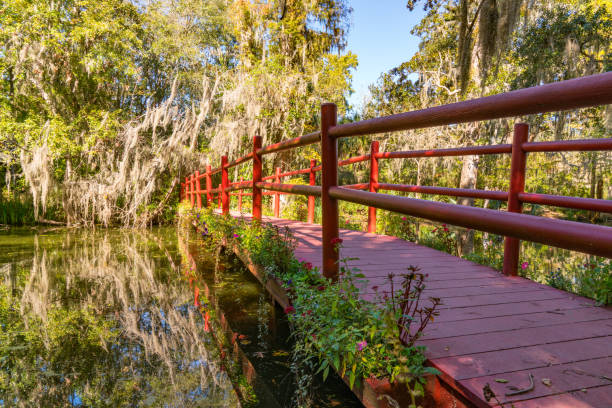 Reflection of red wooden bridge over a lake in Magnolia Plantation in Charleston, South Carolina