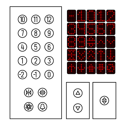 Elevator buttons icon set. Elements of elevator interior interface in a thin line style. Cabin led indicator. Adjustable stroke outline width.