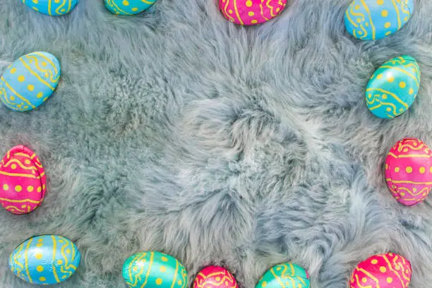 Multiple colored Easter eggs on fur, pink, blue and green eggs, Amsterdam the Netherlands 2019