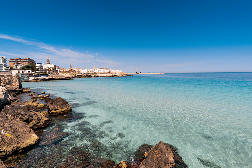 Panorama of Monopoli in Metropolitan City of Bari and region of Apulia (Puglia). On the background the cathedral of the Madonna della Madia