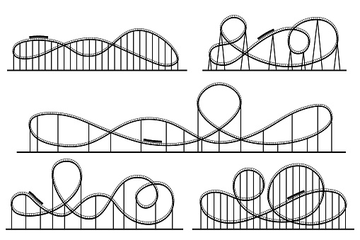 Roller coaster silhouette. Amusement park attractions, switchback attraction and rollercoaster. Fair coasters construction, amusements rollercoaster. Vector isolated symbols silhouettes set