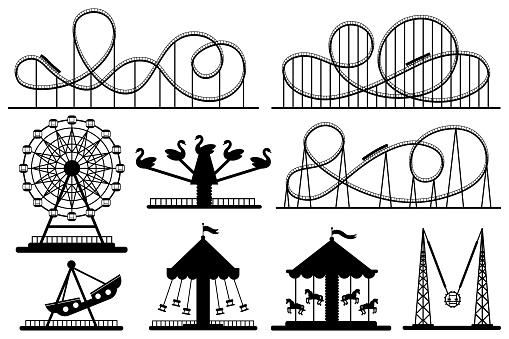 Amusement park silhouette. Roller coaster, festive carnival carousel and ferris wheel. Park rollers construction, fair attractions or fairground carousel. Vector isolated sign silhouettes set