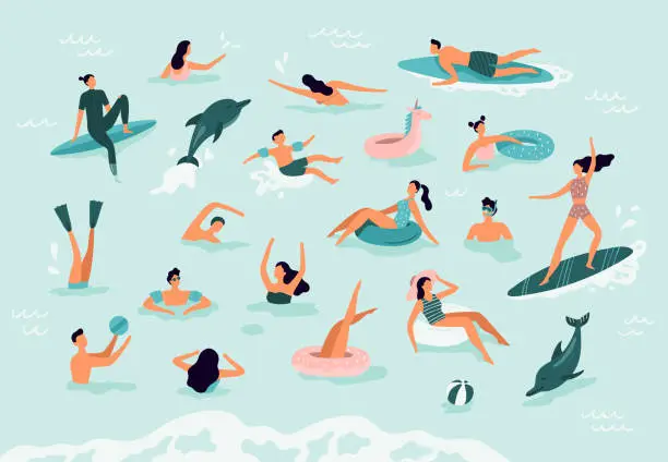 Vector illustration of Sea swimming. Active people diving, swim with dolphins and surfing. Summer ocean swimming vector illustration