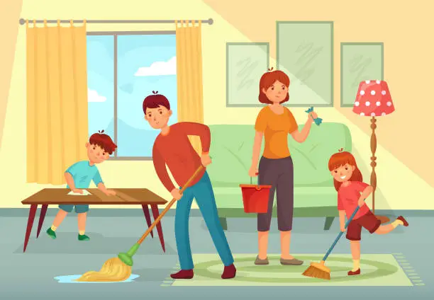 Vector illustration of Family cleaning house. Father, mother and kids cleaning living room together housework cartoon vector illustration