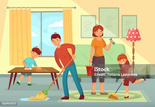Nhà Vệ Sinh Gia Đình Cha Mẹ Và Con Dọn Dẹp Phòng Khách Cùng Nhau Làm