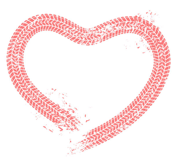 Tire tracks heart. Motorist love, hearts tire track and motor car enthusiast valentines card grunge vector illustration Tire tracks heart. Motorist love, hearts tire track and motor car enthusiast valentines card. Wheels tires treads love heart vehicle silhouette. Grunge vector isolated illustration tire vehicle part stock illustrations