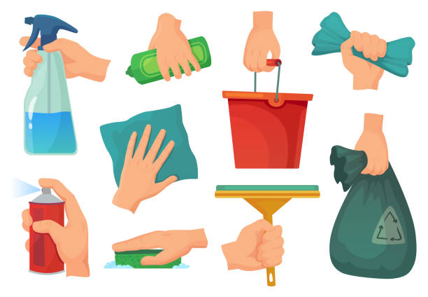 Cleaning products in hands. Hand hold detergent, housework supplies and cleanup rag cartoon vector illustration set Cleaning products in hands. Hand hold detergent, housework supplies and cleanup rag. Kitchen cleaning, house washing disinfection equipment. Cartoon vector illustration isolated icons set bucket and sponge stock illustrations