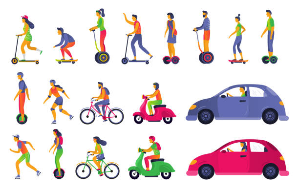 People on city transport. Electric scooter hoverboard, segway and roller skates. Town vehicle and transport car vector illustration People on city transport. Electric scooter hoverboard, segway and roller skates. Town vehicle and transport car. Urban walking and car transport vector isolated icons illustration set pedestrian stock illustrations