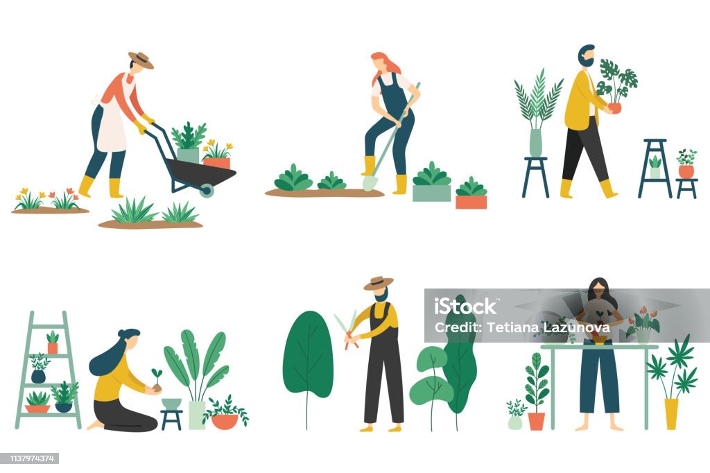 人々ガーデニング。女性植栽庭園花、農業庭師趣味と庭の仕事フラットベクターイラストセット - ガーデニングのロイヤリティフリーベクトルアート