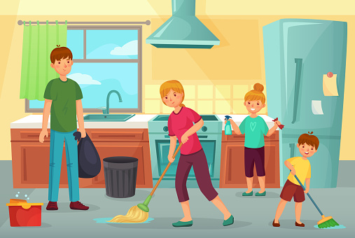 Family Cleaning Kitchen Father Mother And Kids Clean Cuisine Together  Household Dusting And Wiping Floor Cartoon Vector Illustration Stock  Illustration - Download Image Now - iStock