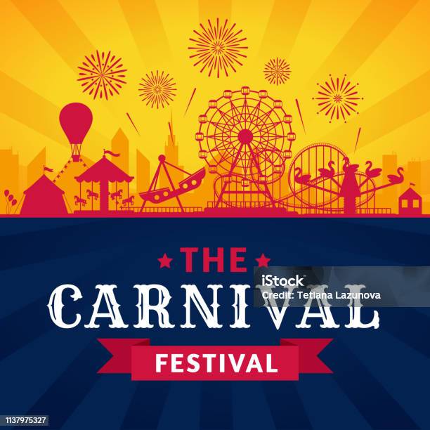 Amusement Park Poster Roller Coaster Ferris Wheel And Carnival Carousel Festive Parks Attractions Vector Silhouette Background Stock Illustration - Download Image Now