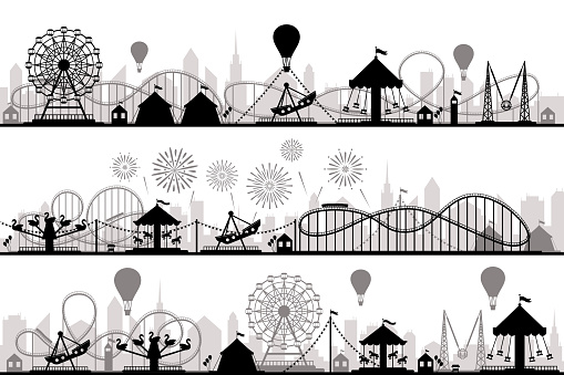 Amusement park landscape. Carnival roller coasters silhouettes, festive carousel and ferris wheel parks. Vacation amusements, carnival entrance or invitation flyer vector silhouette illustration