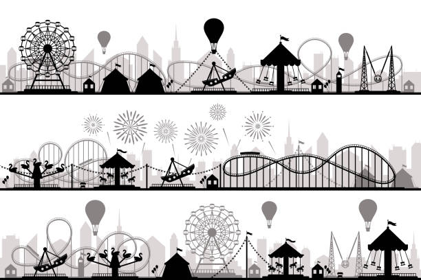 Amusement park landscape. Carnival roller coasters silhouettes, festive carousel and ferris wheel parks vector silhouette illustration Amusement park landscape. Carnival roller coasters silhouettes, festive carousel and ferris wheel parks. Vacation amusements, carnival entrance or invitation flyer vector silhouette illustration amusement park stock illustrations