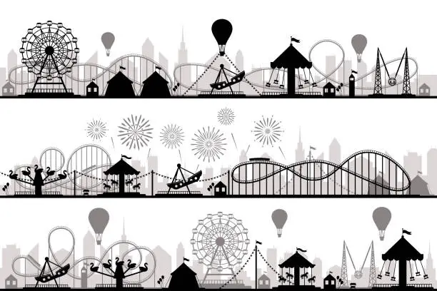 Vector illustration of Amusement park landscape. Carnival roller coasters silhouettes, festive carousel and ferris wheel parks vector silhouette illustration