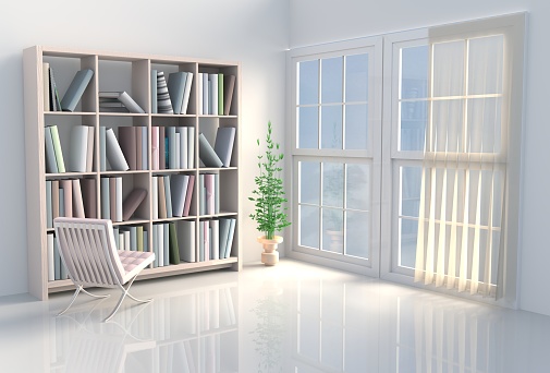 Warm white reading room decor with white cement wall, tile floor, curtain, window,book cases,chair.The sun shines through the window into the shadows. 3D render.