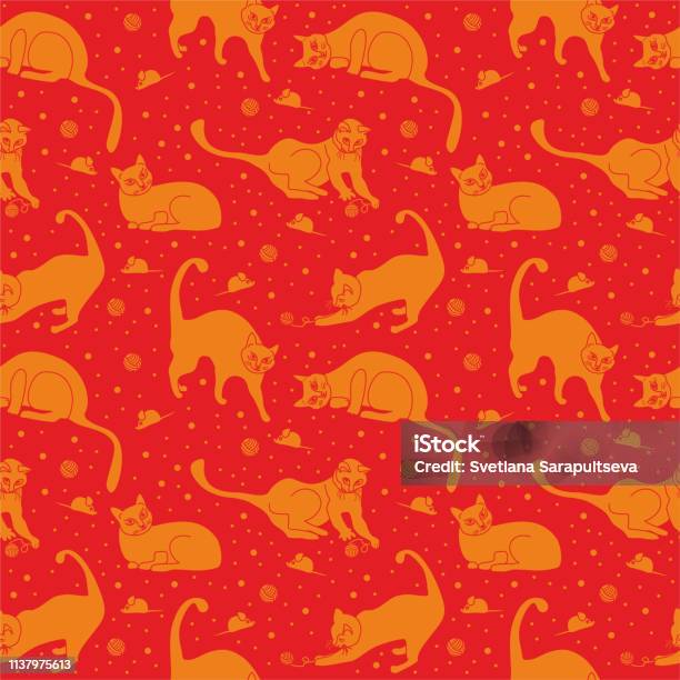 Seamless Pattern Funny Cats In Everyday Poses Playing In Space Among The Tangles And Mice Vector Illustration Stock Illustration - Download Image Now