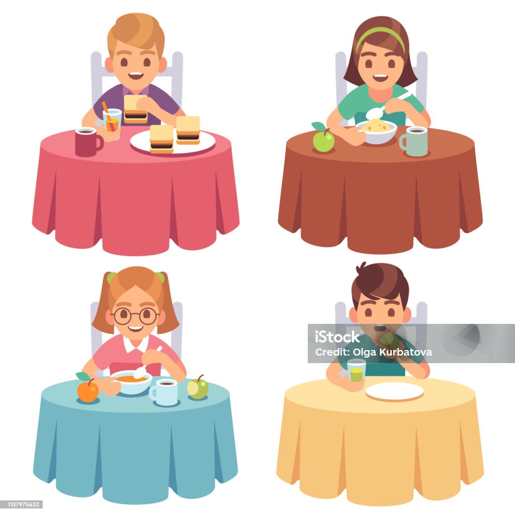 Children Eating Kids Eat Dinner Table Child Breakfast Lunch Fast Food  Dining Girl Boy Cartoon Characters Set Stock Illustration - Download Image  Now - iStock