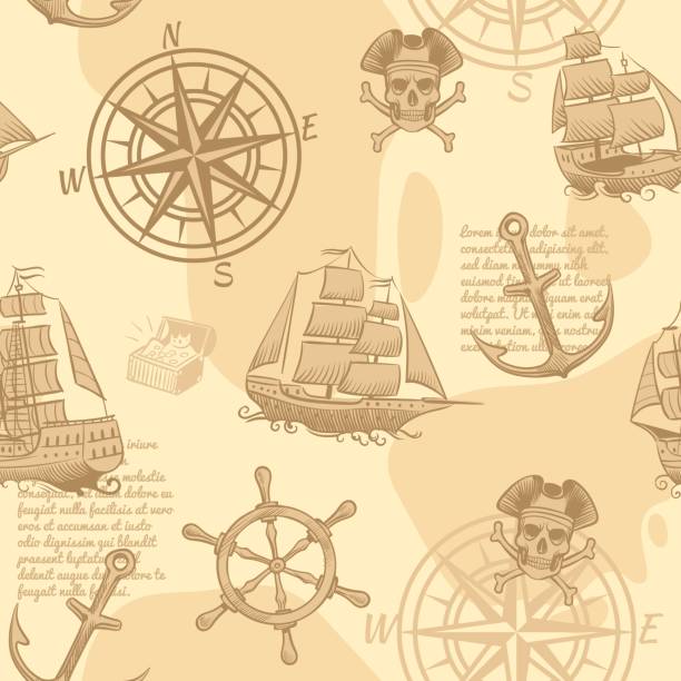 ilustraciones, imágenes clip art, dibujos animados e iconos de stock de patrón náutico vintage sin costuras. mano dibujo marino viejo boceto aventura de viaje manuscrito papel pintado vectorial textura - storm pirate sea nautical vessel