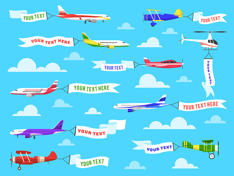 Flying advertising banner. Sky planes banners airplane flight helicopter ribbon template text advertisement message vector background