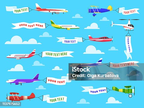 istock Flying advertising banner. Sky planes banners airplane flight helicopter ribbon template text advertisement message set 1137975652