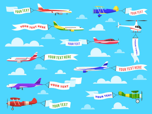 Flying advertising banner. Sky planes banners airplane flight helicopter ribbon template text advertisement message set Flying advertising banner. Sky planes banners airplane flight helicopter ribbon template text advertisement message vector background airplane illustrations stock illustrations