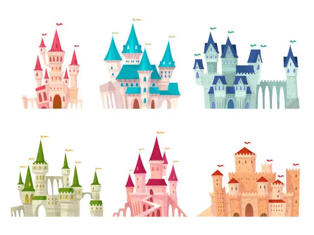 Vector illustration of Castles set. Medieval castle towers fairytale mansion fortress fortified palace gate ancient gothic citadel cartoon set