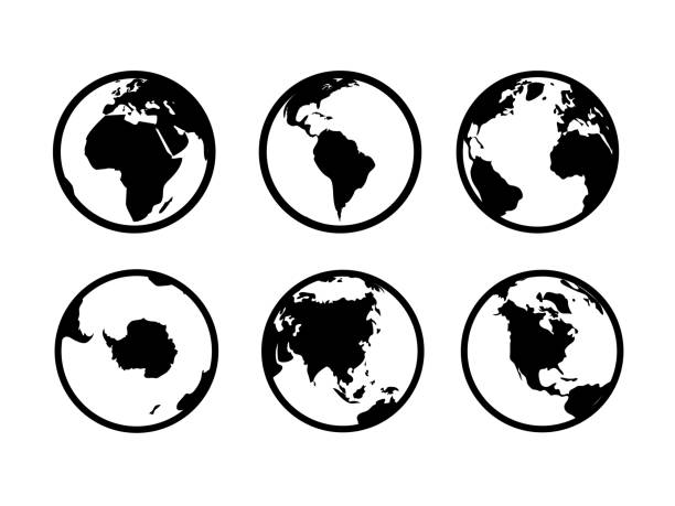 1901.m40.i030.n020.S.c12.144256648 Earth globe icons. World map geography internet global commerce international tourism vector globe symbols Earth globe icons. World circle map geography internet global commerce tourism vector black symbol set on white background country geographic area stock illustrations