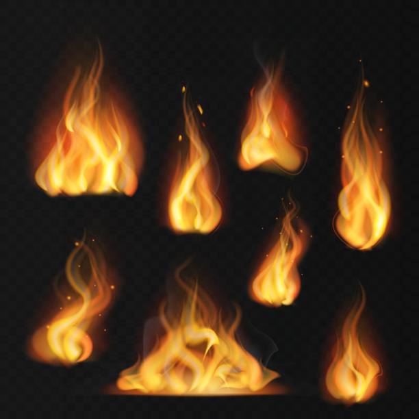 illustrazioni stock, clip art, cartoni animati e icone di tendenza di fiamma realistica. fireball caldo effetto fuoco astratto torcia fiamme rosse fiammeggiante isolato vettore set - campfire coal burning flame