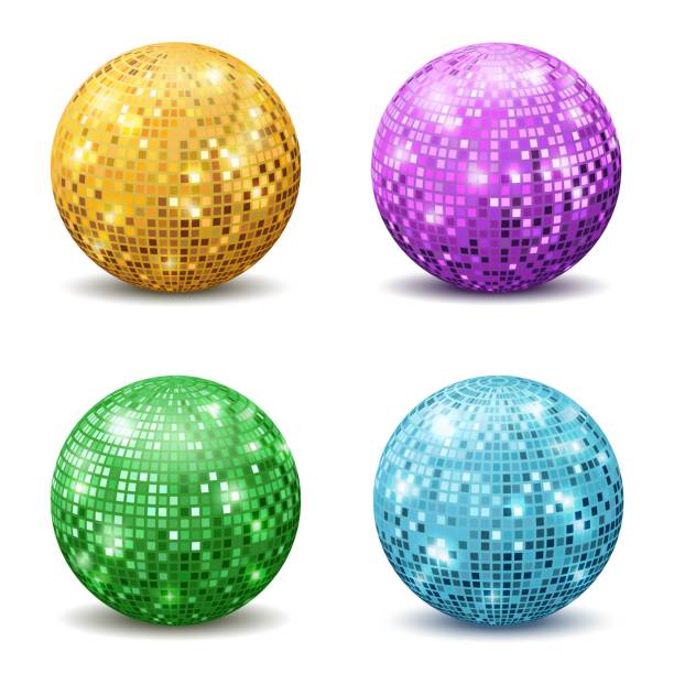 Color disco balls. Realistic reflection ball mirrored disco party silver glitter equipment retro rays mirrorball set Color disco balls. Realistic reflection ball mirrored disco party silver glitter equipment retro halo rays shining mirrorball isolated vector set disco ball stock illustrations