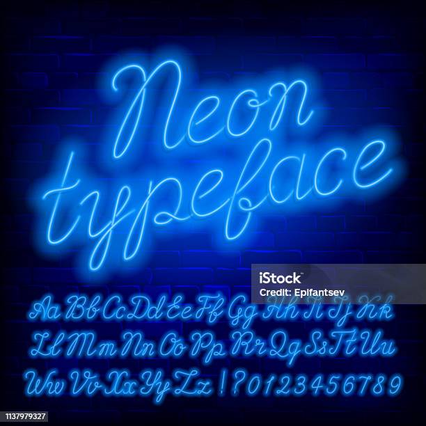 Blue Neon Alphabet Font Blue Neon Color Lowercase And Uppercase Script Letters And Numbers Stock Illustration - Download Image Now