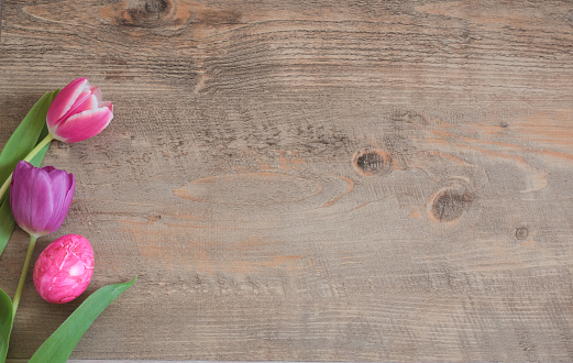 Spring Tulips and Easter Eggs on wooden background