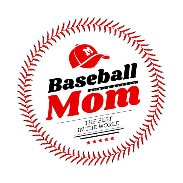 Vector illustration of Baseball mom emblem with baseball lacing and a hat on white background. Vector